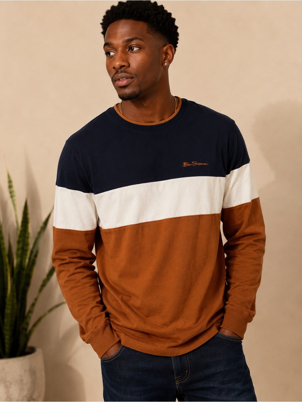 Ben Sherman Men’s Color Block Long Sleeve Shirt Navy Brown Cream Size M